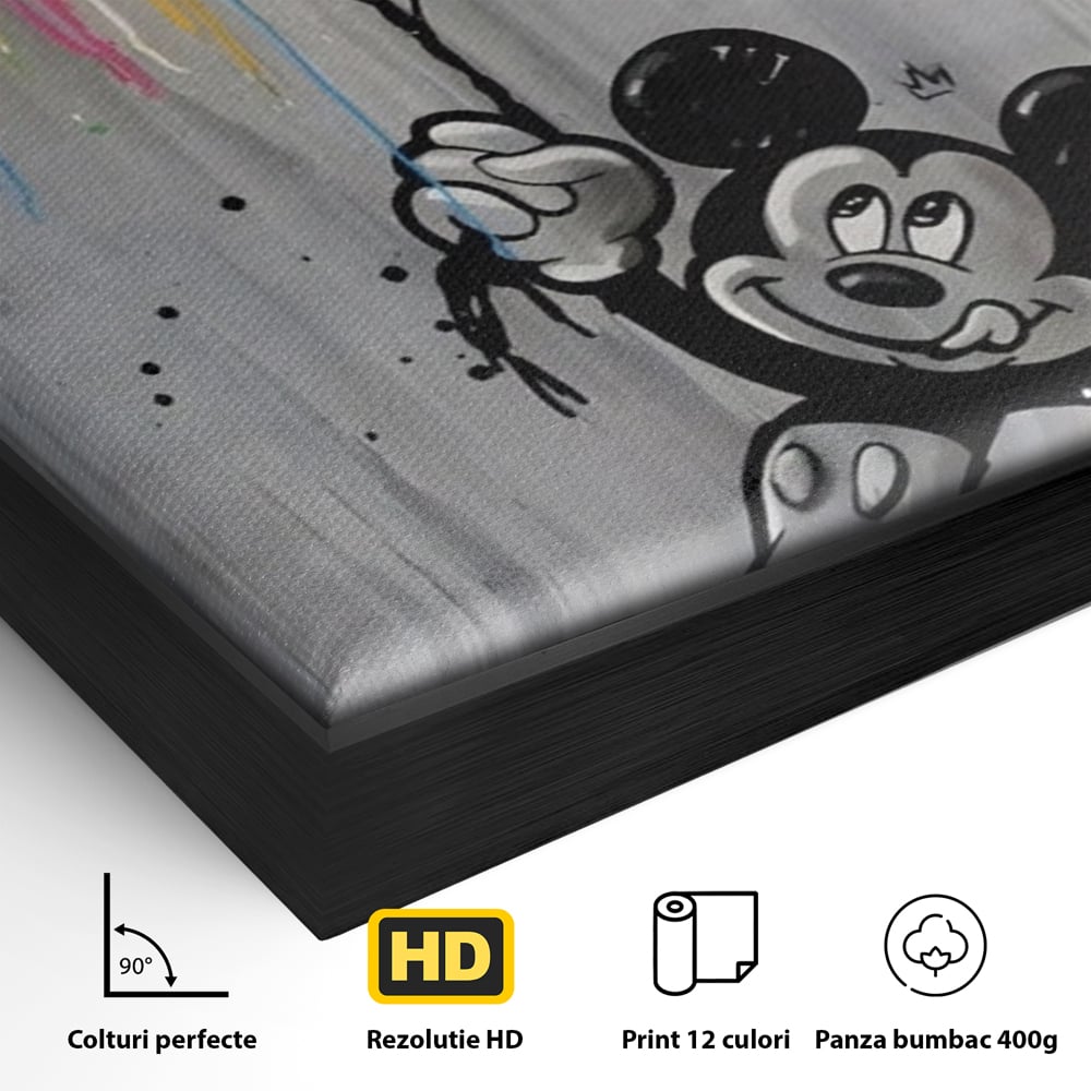 Detaliu al suprafetei: tablou canvas cu mickey mouse si baloane, in rama de aluminiu negru
